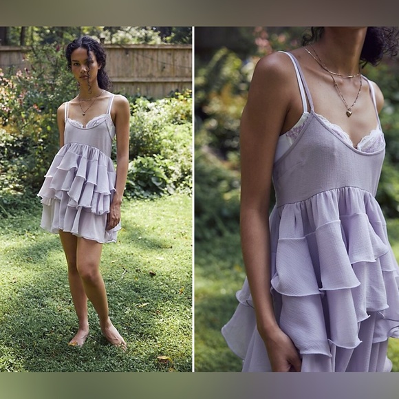 Free People Runaway Rockstar Ruffle Mini Slip Dusk Breeze NWOT Size M - Picture 2 of 8